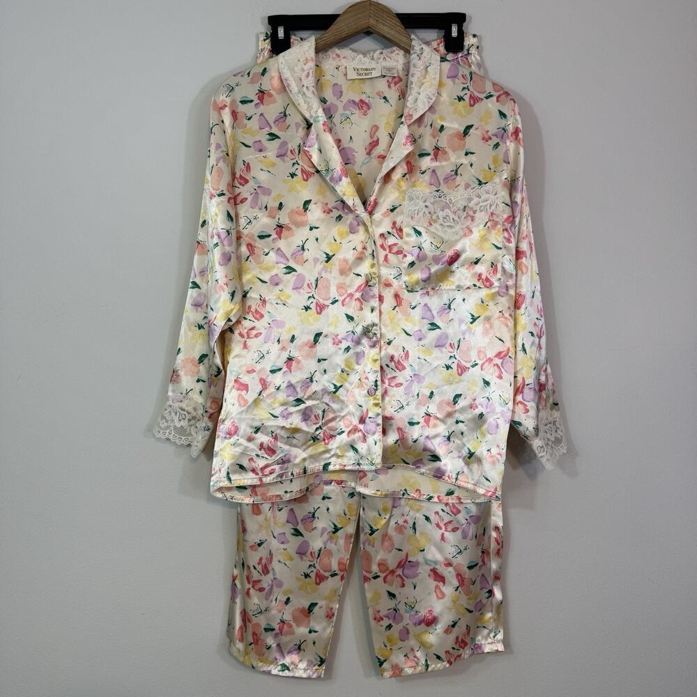 VICTORIA’S SECRET Vintage Gold Label Pajama Set Floral Satin Lace Size P Petite
